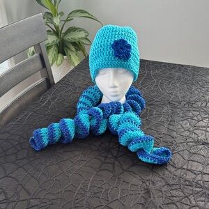 Handmade Blue and Teal Crochet Beanie Hat and Scarf Set